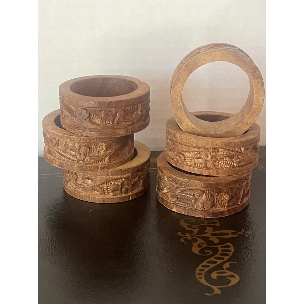 Vintage MCM Carved‎ Wood Napkin Rings Set of 6 Brown Flowers Boho Decor Tiki